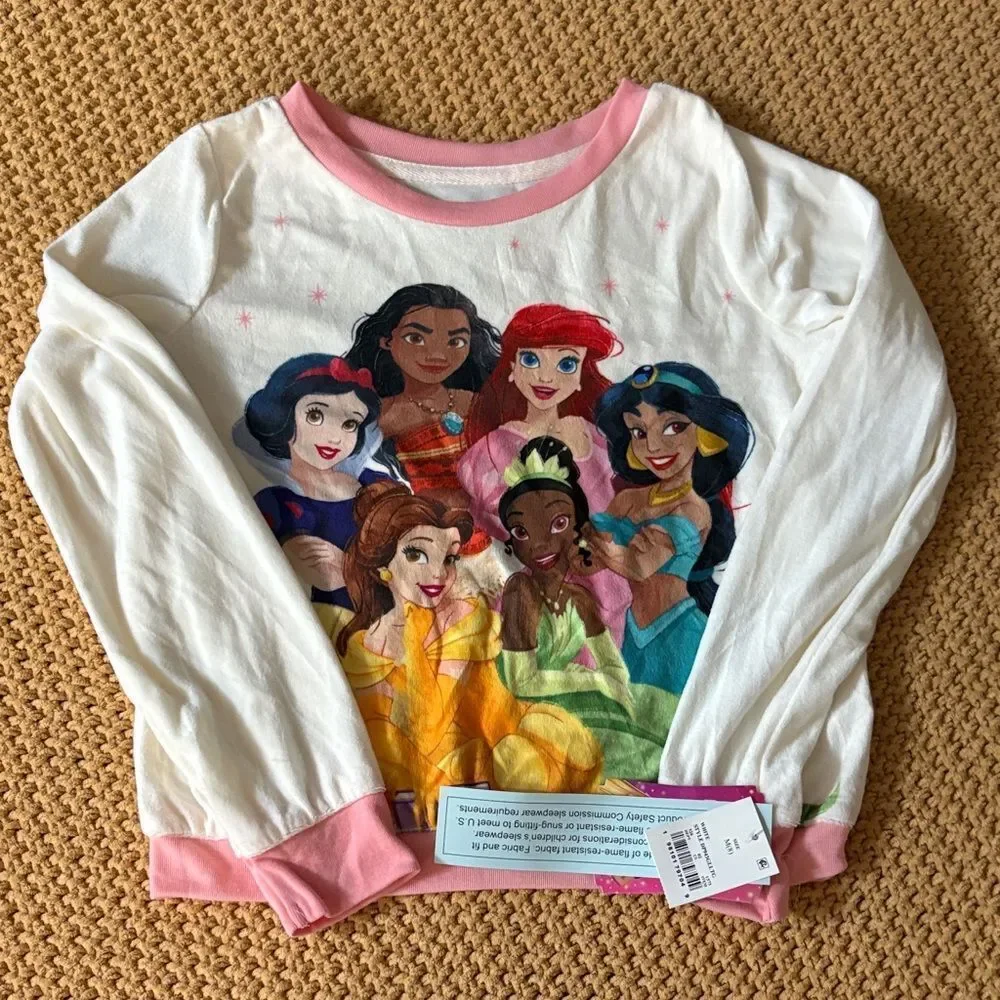 NWT Disney Princess 3 Piece Pajama Set with Pink and White Accents Size 8